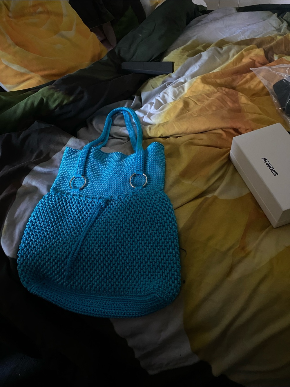 Turquoise Knit Tote Bag with Ring Handles